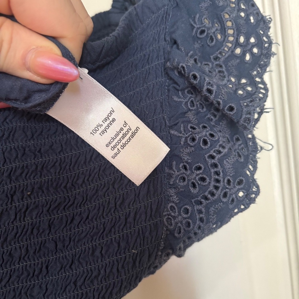 Maurices Navy Blue Smocked Eyelet Lace Wide Leg Jumpsuit XL Boho Romper - Picture 6 of 10